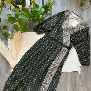 Garnet Hill Faux Wrap Around Elastic Waist Green with Paisley Detail Dress